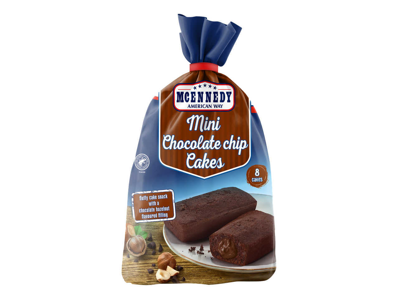 Paquet de mini gâteaux aux pépites de chocolat avec un fourrage noisette-chocolat.