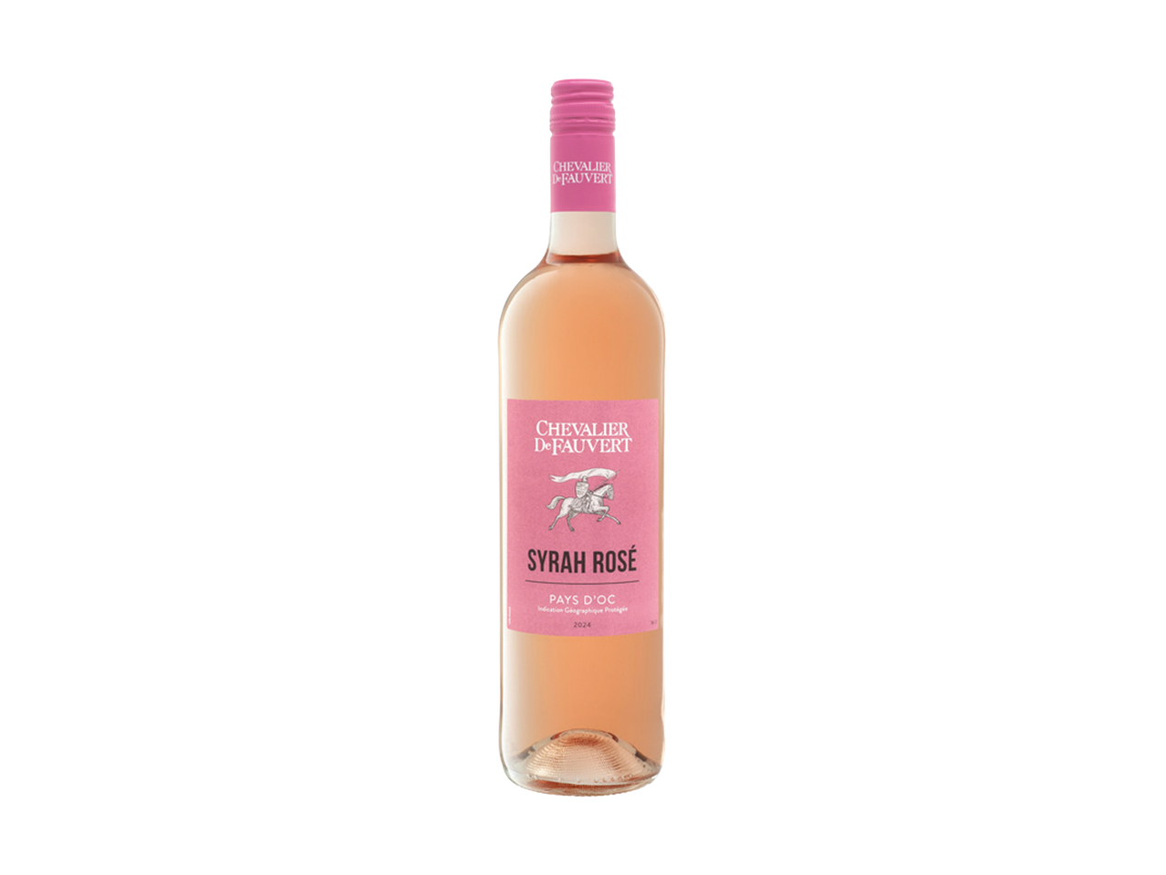 Boca roze vina sa ružičastom etiketom na kojoj je vitez na konju i tekst „SYRAH ROSÉ“.