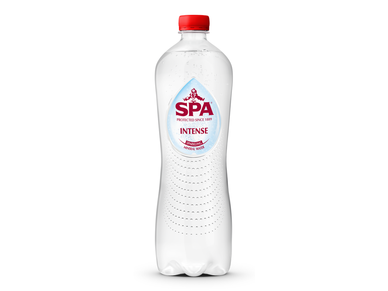 Fles SPA Intense Bruisend Mineraalwater met rode dop en etiket