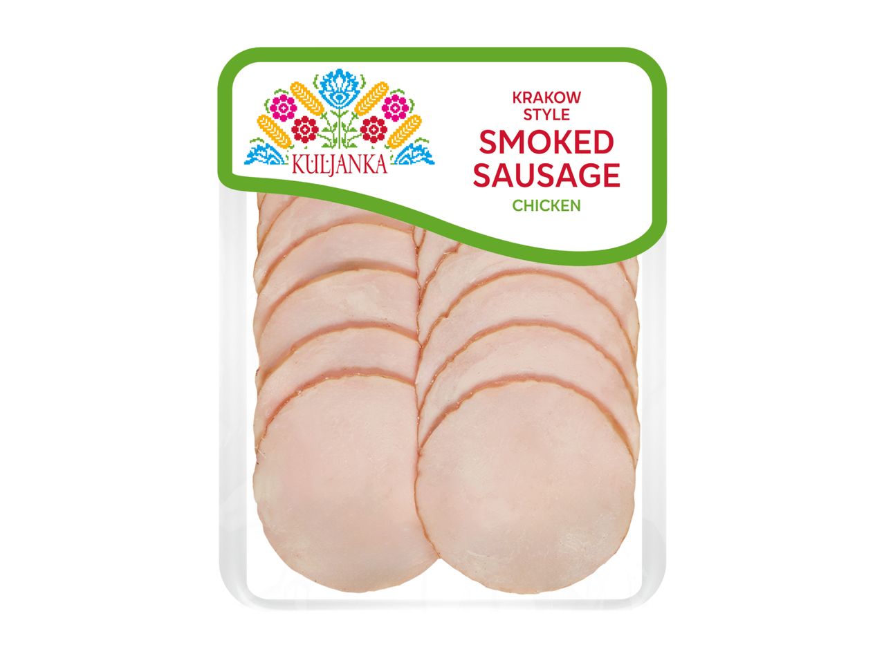 Pack of Krakow style smoked chicken sausage slices with a folk art design label.