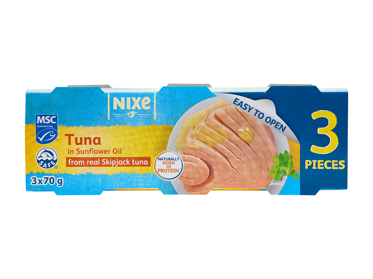 Drei Packungen Thunfisch in Sonnenblumenöl, natürlich reich an Protein und leicht zu öffnen.