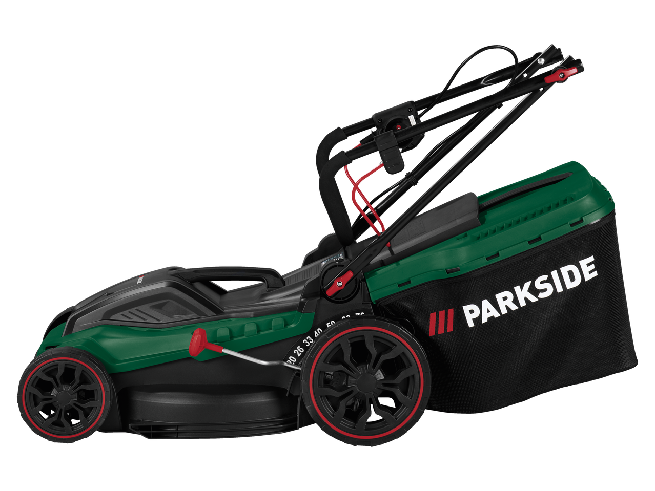 Cortador de relva elétrico Parkside® em verde e preto com detalhes vermelhos.