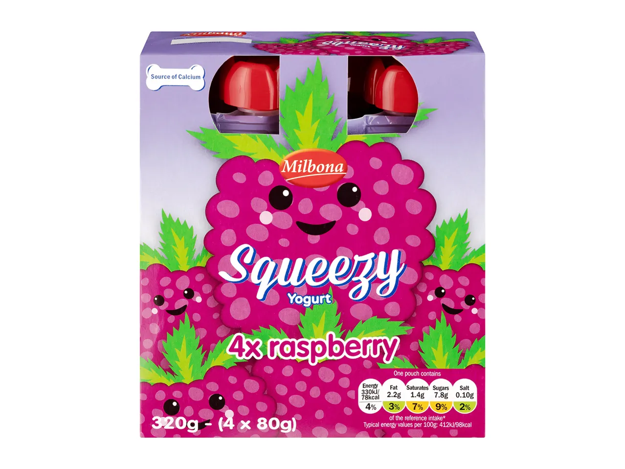 Milbona Squeezy raspberry yogurt: 4 pouches.