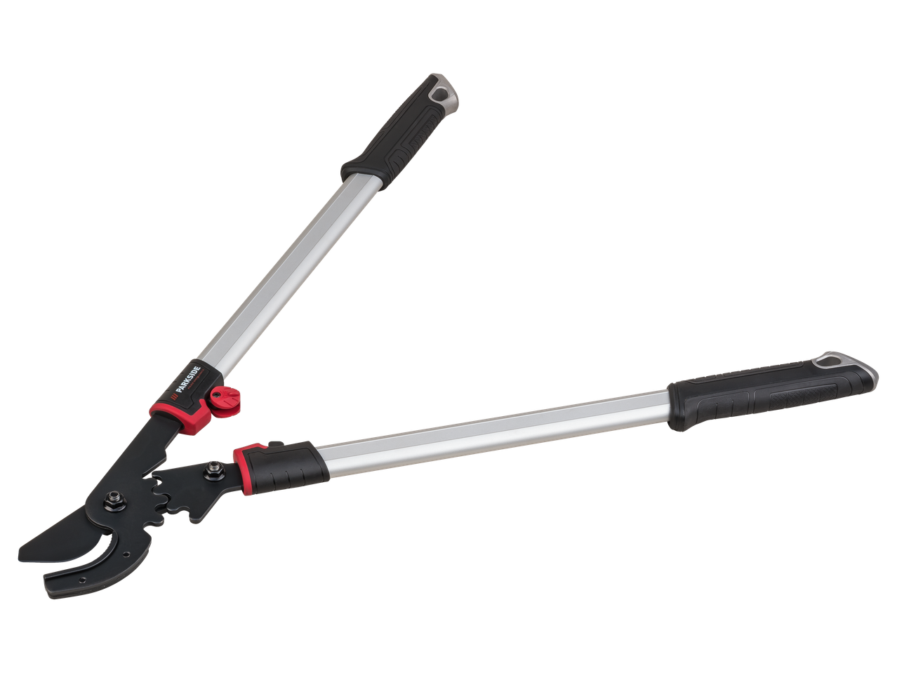 Škarje za živo mejo in veje Parkside Performance® s črnimi ročaji in srebrnimi držali.