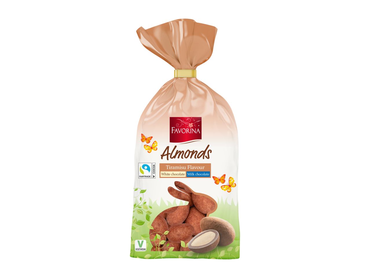 Bag of tiramisu flavour almonds, white chocolate and milk chocolate, with a bunny and butterflies.