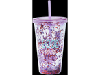 Glitter tumbler with straw, saying "Good vibes only".