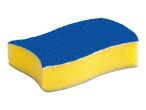 Blue and yellow cleaning sponge with a scrubbing surface