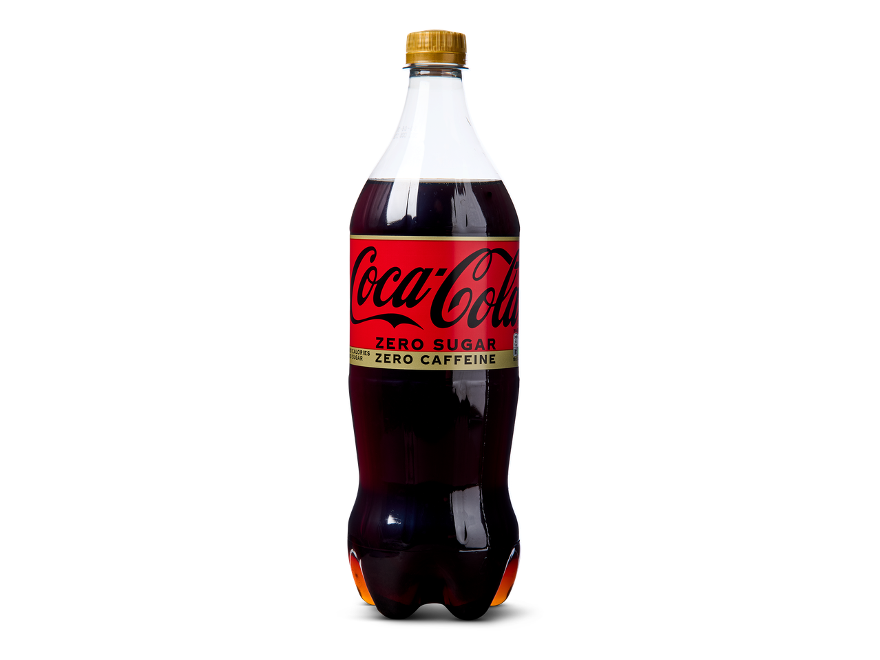 Een fles cola zero sugar zero cafeïne op een zwarte achtergrond.