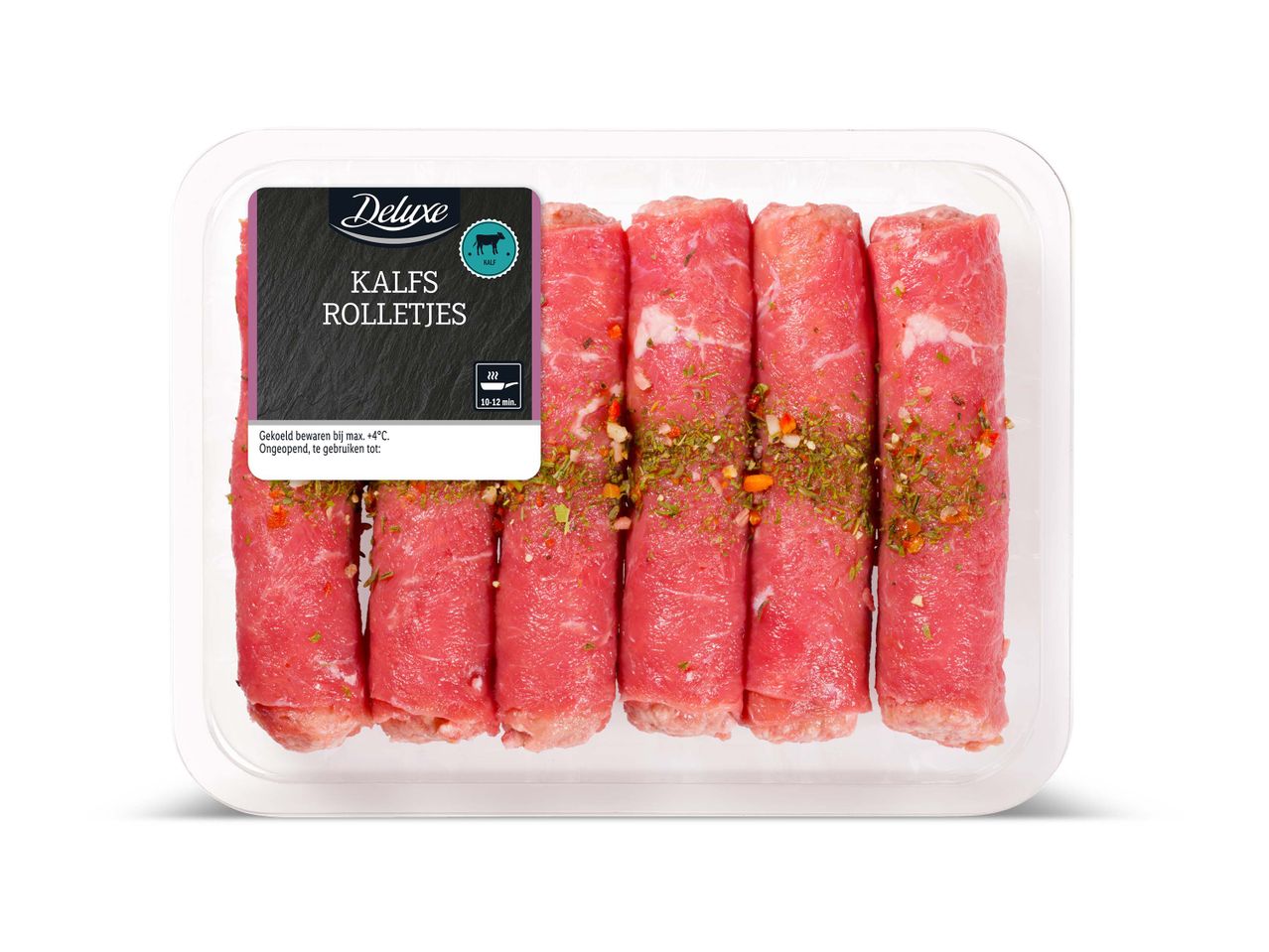 Een verpakking Deluxe kalfsrolletjes met kruiden.