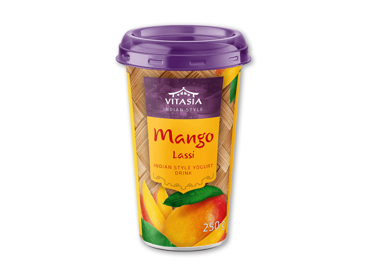 En kop med mangolassi, en indisk yoghurtdrik, med et lilla låg og et mønstret design.