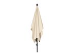 Closed cream patio umbrella with a black pole and finial, isolated on a white background.