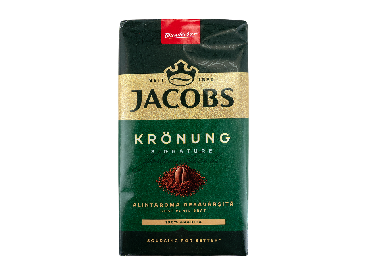 Pachet de cafea măcinată, 100% Arabica, cu textul 'Alintaroma desăvârșită, gust echilibrat'.