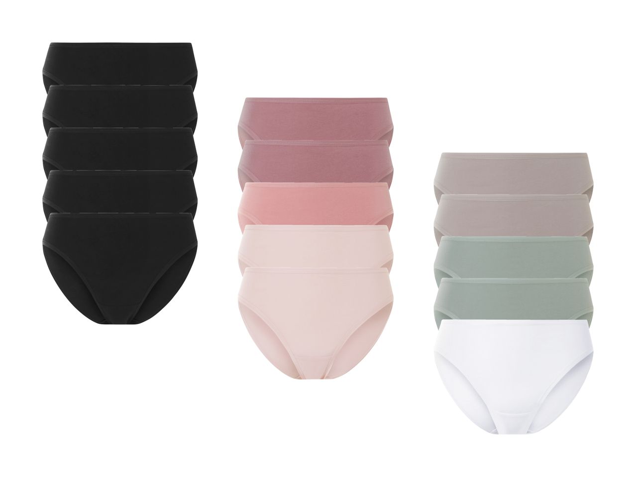 Tre pakker dameundertøj: sort, rosa og grå/hvid.