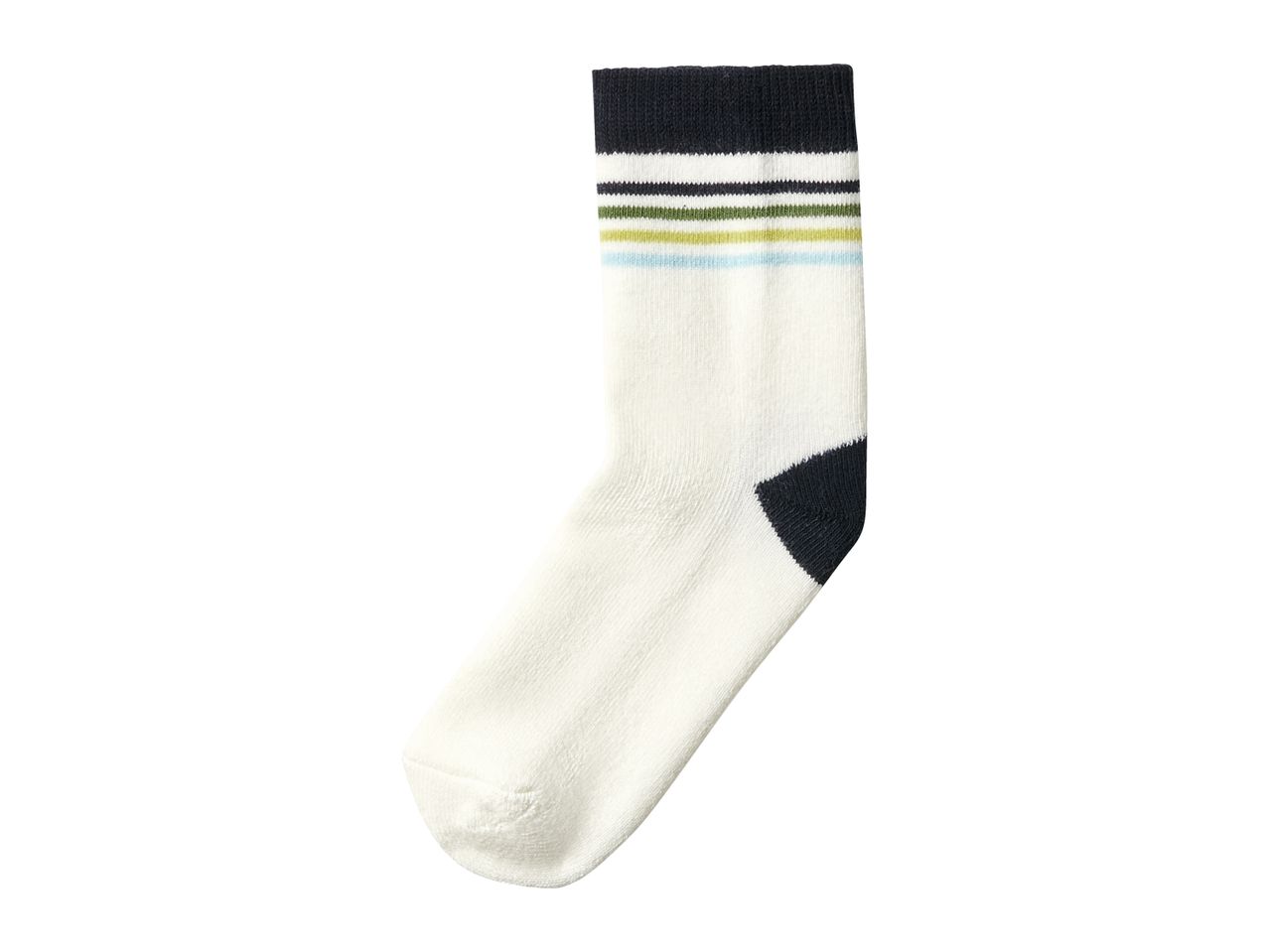 White sock with black, green, yellow, and blue stripes, and a black heel