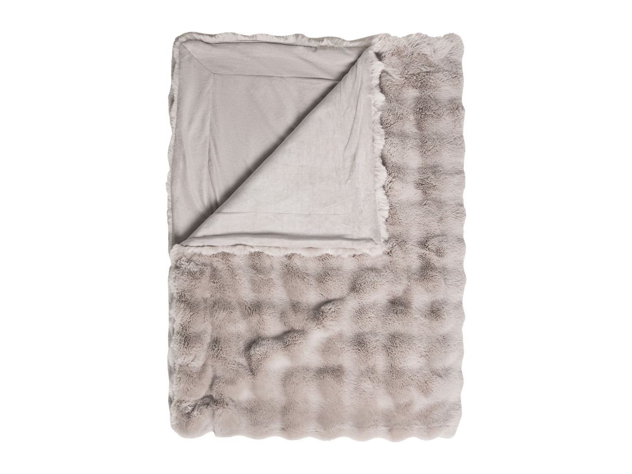 Soft grey faux fur blanket with a smooth reverse side