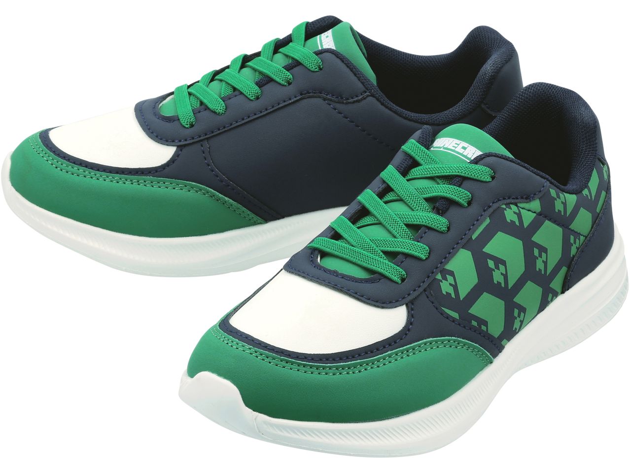 A pair of Minecraft-themed children's sneakers in green, white, and navy blue.