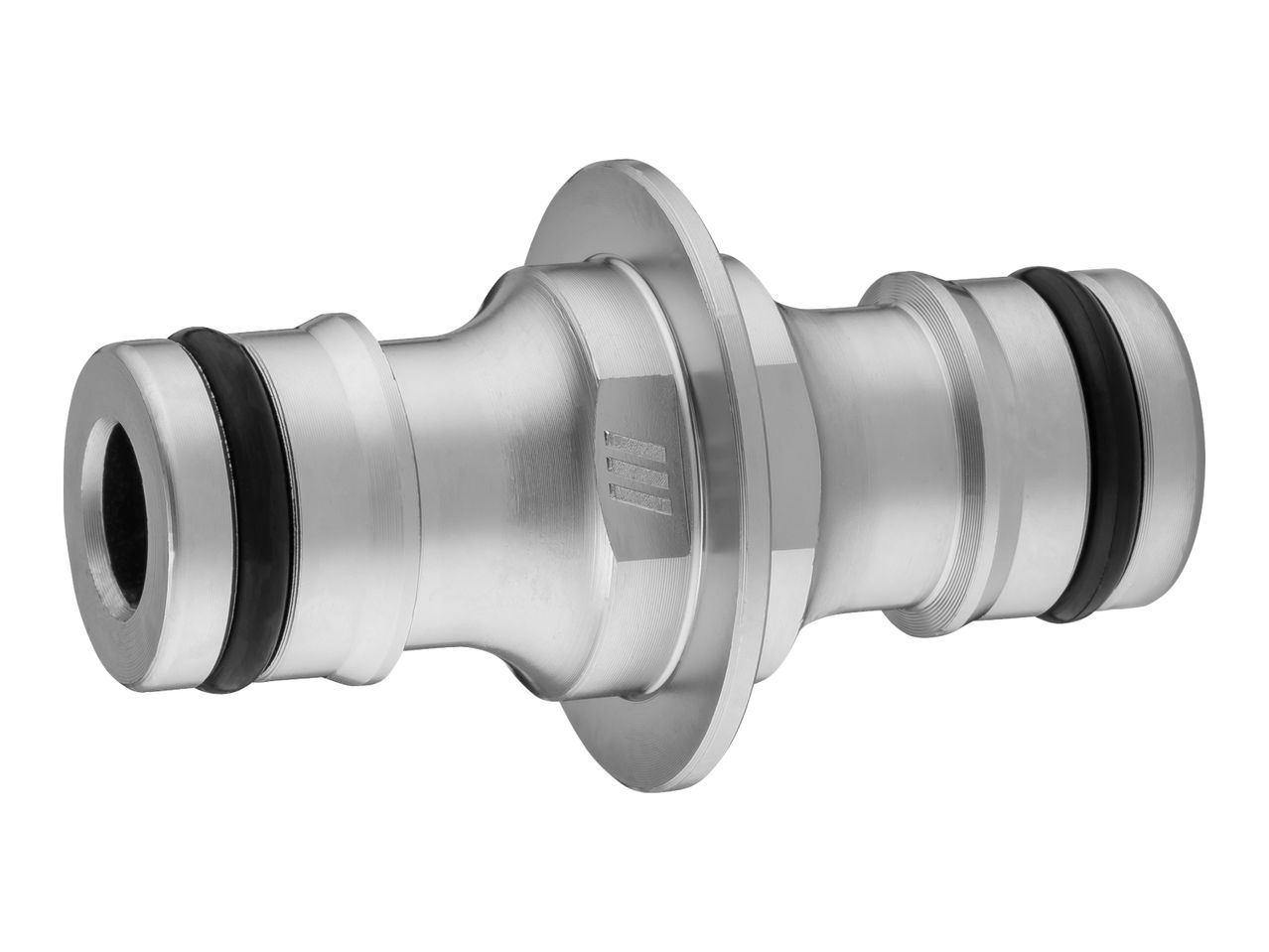 Silver metal hose connector with black rubber rings on a white background.