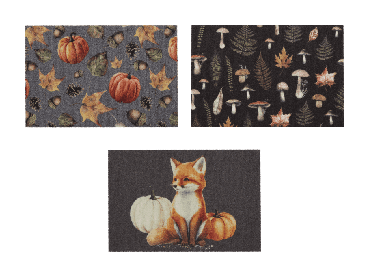 Herbstliche Fußmatten mit Kürbissen, Pilzen und einem Fuchs.
