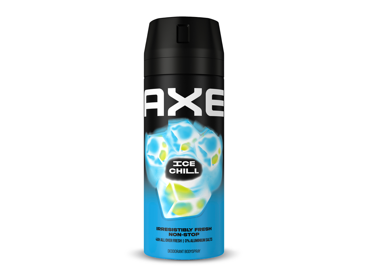 Zwarte deodorant bodyspray met blauwe en gele ijsblokjes en de tekst 'ICE CHILL'.