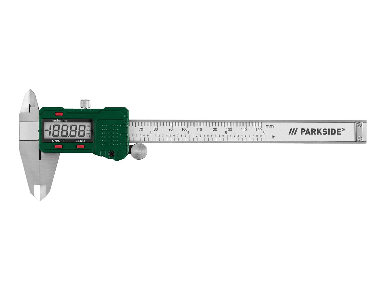 A digital caliper with a green body and a display showing '-18.888' in inches and millimeters.
