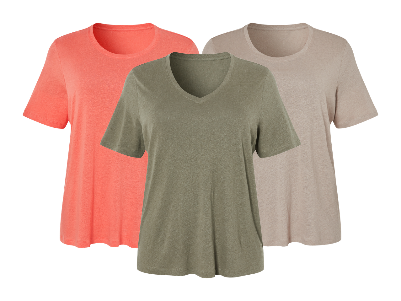 Tri ženske majice s kratkimi rokavi v koralni, kaki in bež barvi.