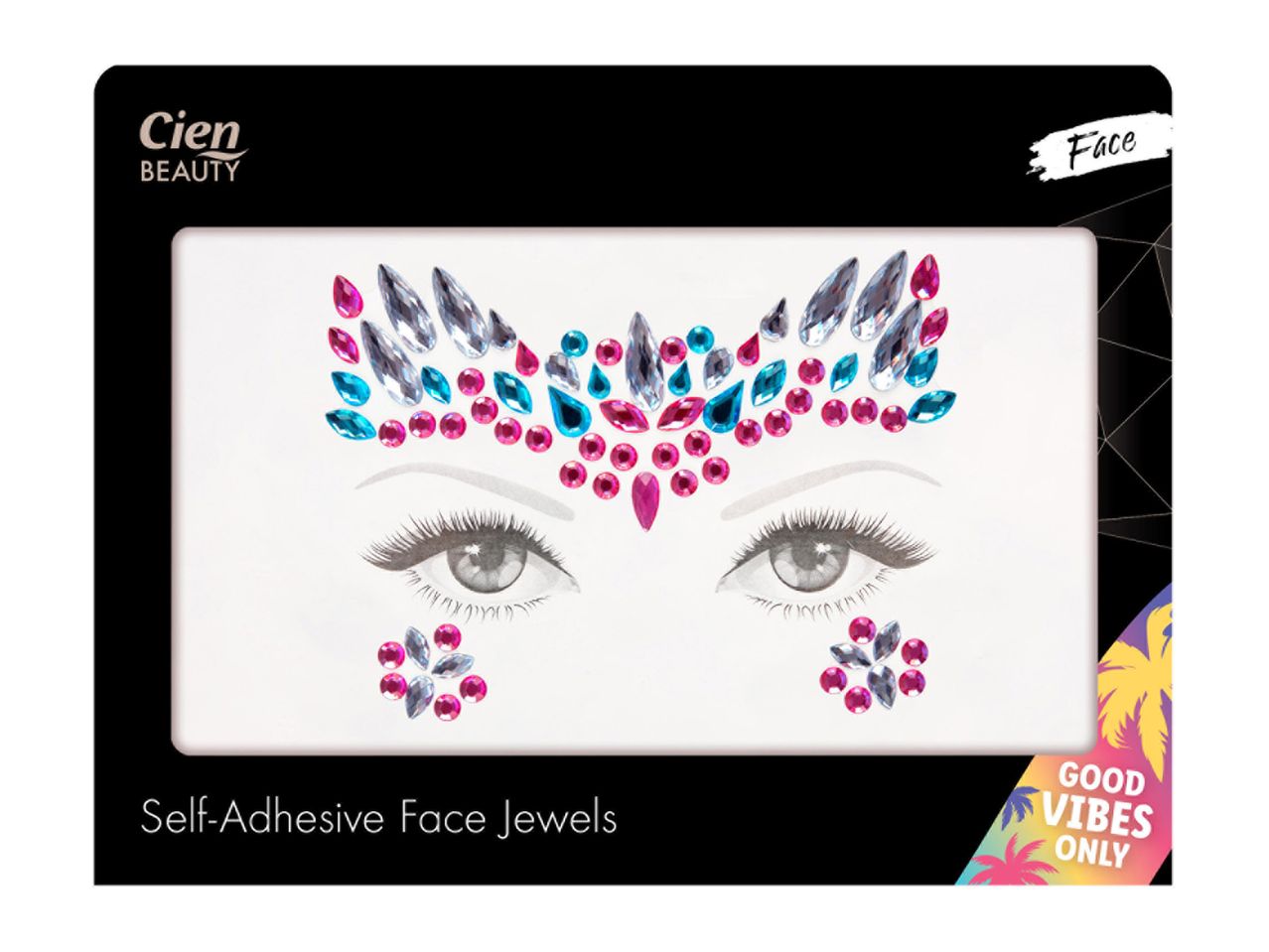 Cece Beauty self-adhesive face jewels in teal and pink.