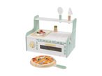 Wooden toy pizza oven with accessories and a pizza with toppings