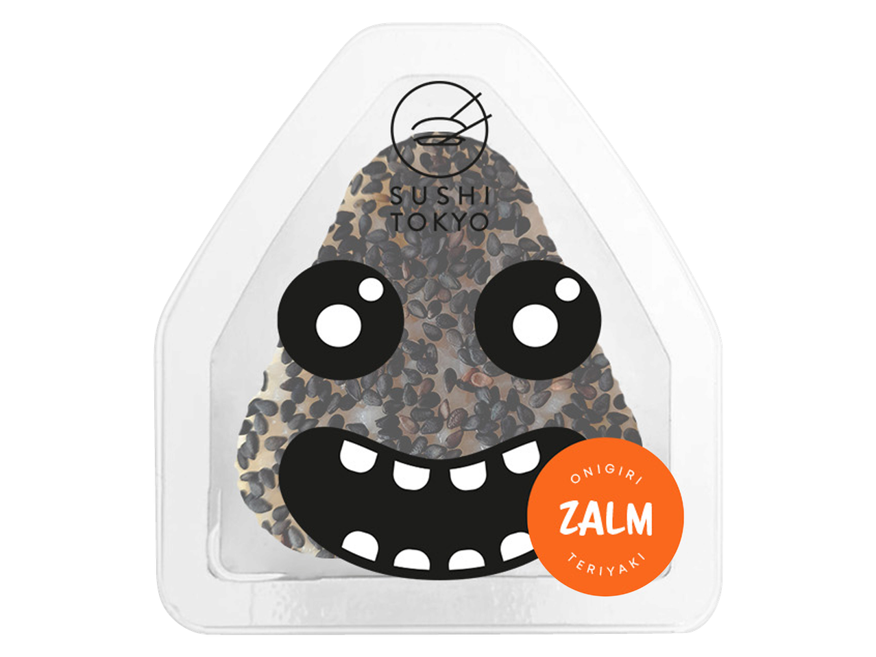 Onigiri met sesam en een grappig gezicht, met de tekst 'Sushi Tokyo Onigiri Zalm Teriyaki'.