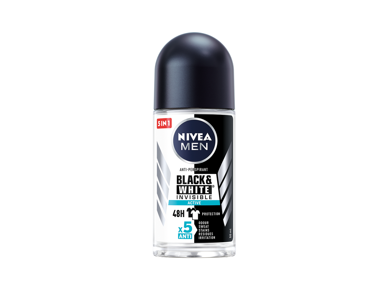 NIVEA MEN Desodorizante Roll-on Invisible Black & White Active, 48h proteção antitranspirante.