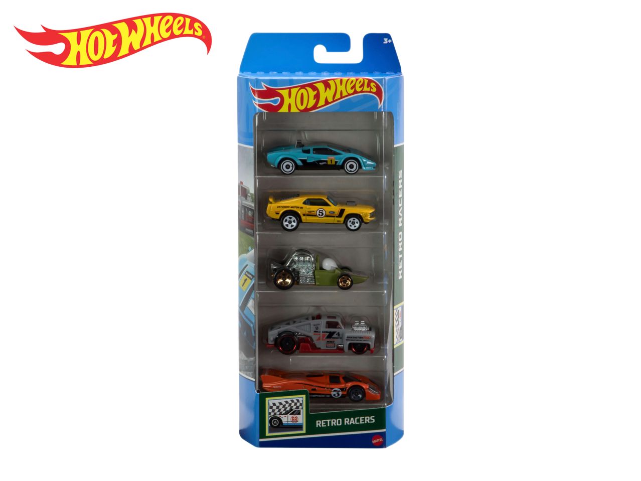Hot Wheels Retro Racers 5-pack featuring classic muscle cars and sports cars.