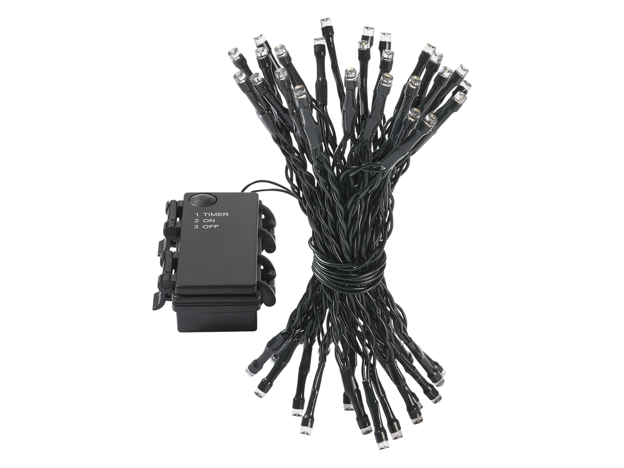 LIVARNO home 50 LED Fairy Lights with a black control box showing timer, on, and off settings.