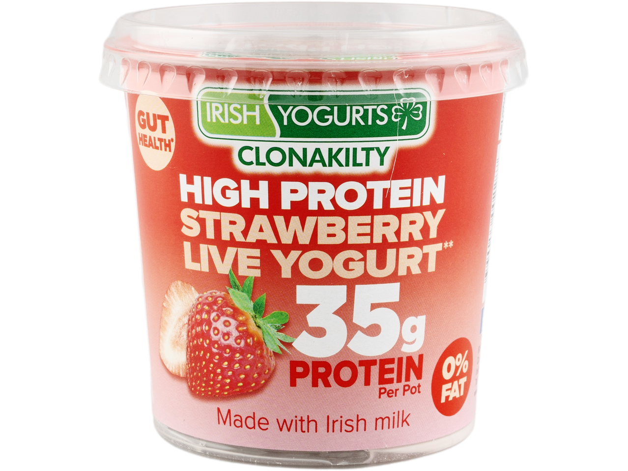 Clonakilty high-protein (35g) strawberry live yogurt, 0% fat.