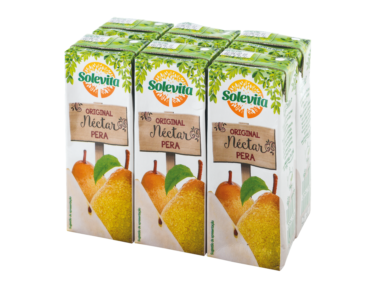 Embalagens de Néctar de Pera Original Solevita, com logótipo da marca e ilustração de peras.