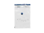 White vacuum storage bag with blue zipper and valve, showing 'MAX' fill line and usage instructions.