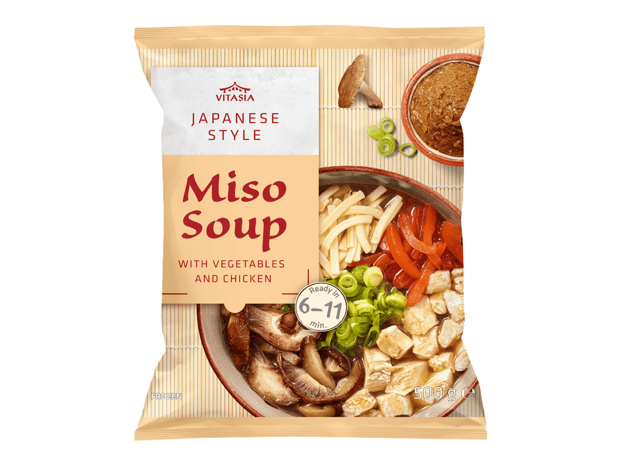 Pakasteena myytävä japanilaistyylinen misokeitto, jossa on kasviksia ja kanaa.