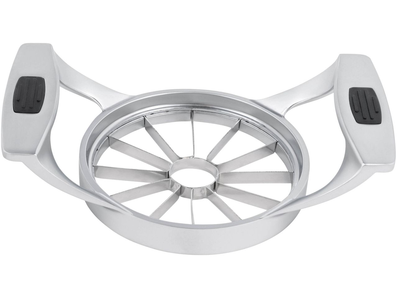 A silver apple corer and slicer with black handles.