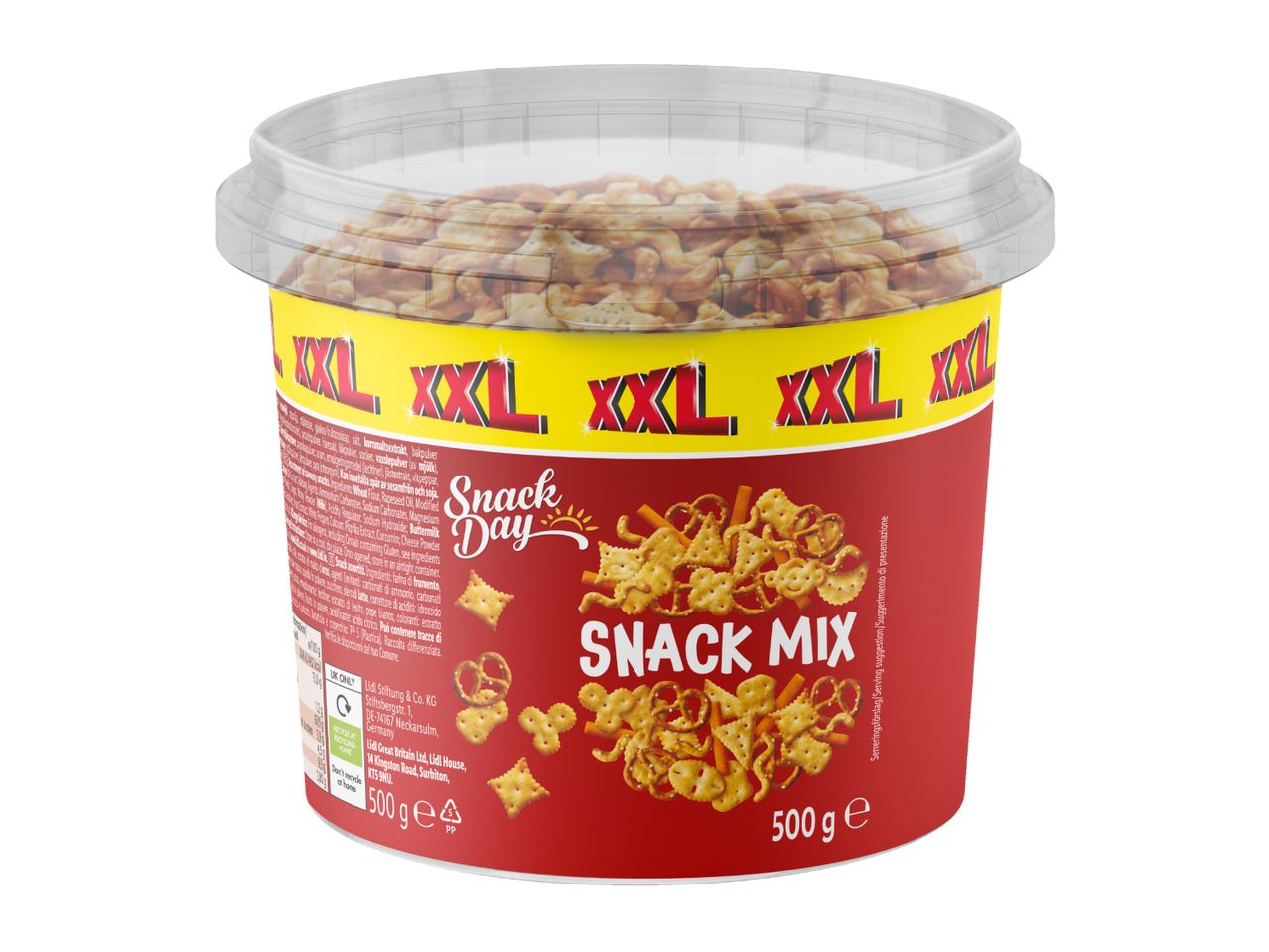 A large tub of snack mix with various crackers and pretzels, labeled 'Snack Day Snack Mix XXL'.