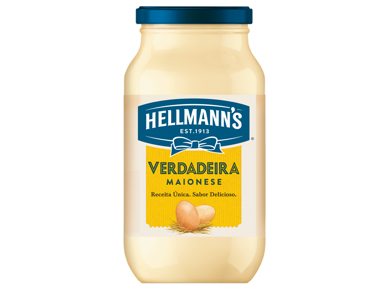 Pote de maionese Hellmann's com tampa azul e rótulo amarelo com ovos.