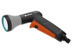 Pistolet d'arrosage ergonomique gris et orange avec pomme d'arrosage.