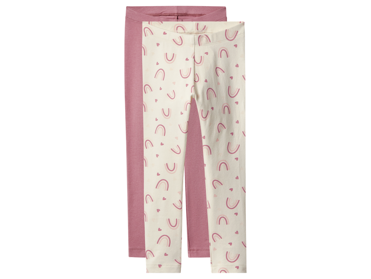 Два чифта детски клинове, единият розов, другият с шарка на дъги и сърца.