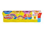 A Play-Doh 4-pack with metallic colors, showing creations like a rainbow and unicorn.