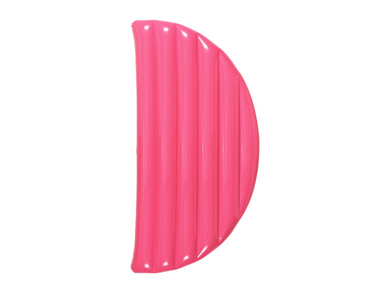 A bright pink inflatable pool float, shaped like a half-circle with vertical ridges.