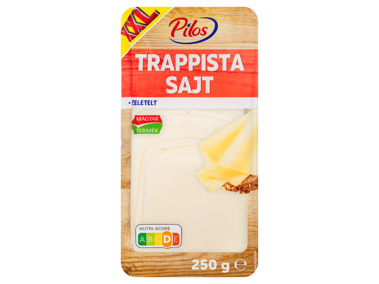 Pilos Trappista sajt szeletek, 250g, Nutri-Score D jelöléssel.