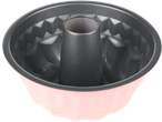 Pink and grey bundt cake tin with a geometric pattern on the inside.