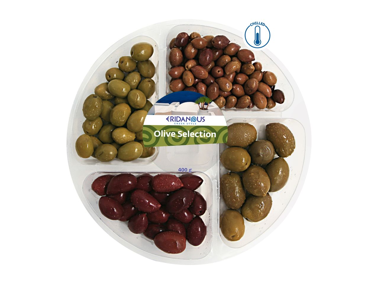 Eridanous Olive Selection with four types of olives in a chilled tray, 400g