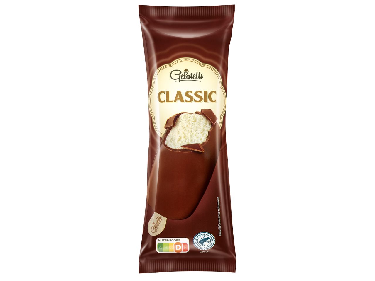 Gelatelli Classic сладолед на клечка с шоколадова глазура и Nutri-Score D.