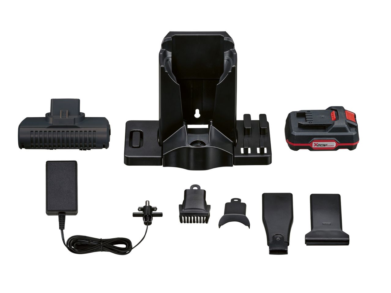 SILVERCREST® cordless vacuum cleaner with charging dock and accessories.