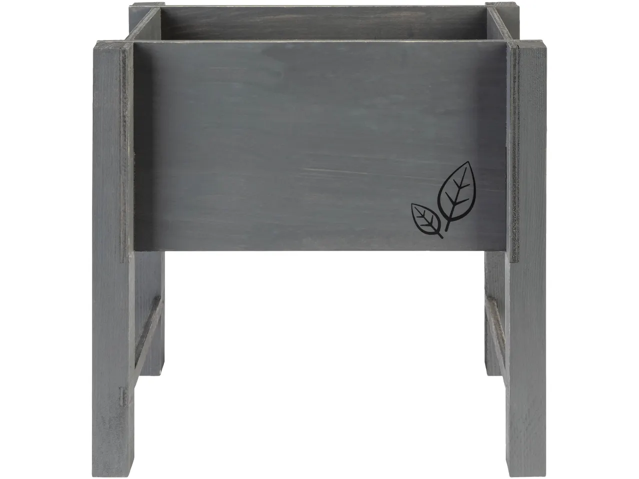 Gray wooden planter box with a leaf design on the side