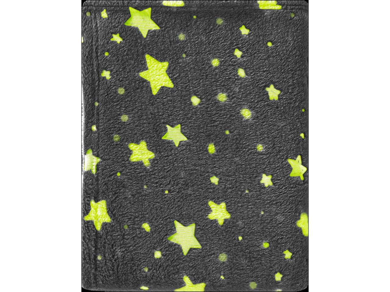 Minkštas pilkas pledas su geltonomis žvaigždutėmis.