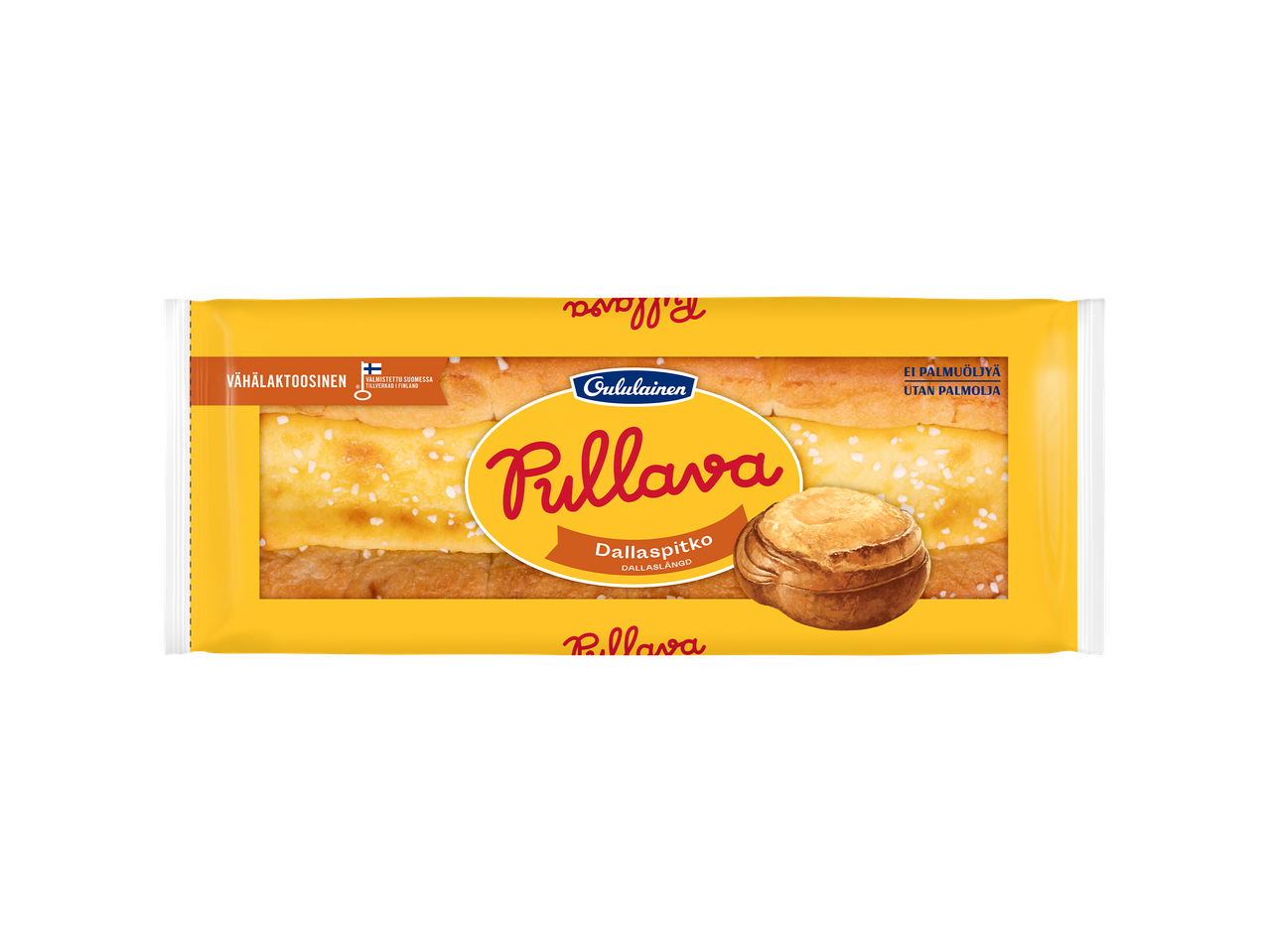 Keltainen pakkaus, jossa on pullia, teksti 'Pullava Dallaspitko' ja maininta vähälaktoosisuudesta ja palmuöljyttömyydestä.